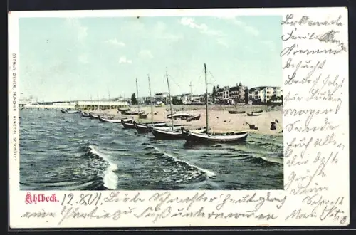 AK Ahlbeck / Ostseebad, Strandpartie mit Segelbooten