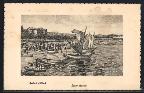 Künstler-AK Ahlbeck / Ostseebad, Strandleben mit Segelbooten