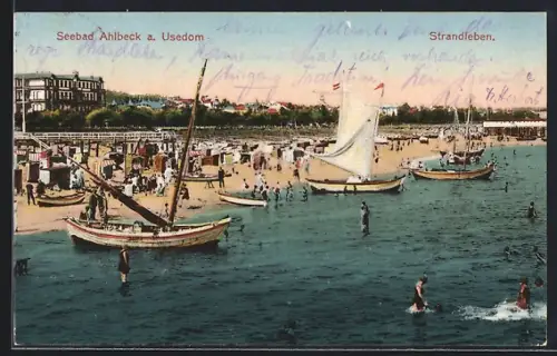 AK Ahlbeck a. Usedom, Strandleben mit Segelbooten