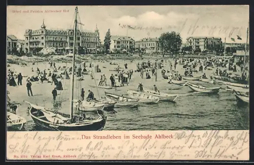 AK Ahlbeck / Ostseebad, Strand mit Hotel und Pension Ahlbecker Hof