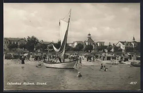 AK Ahlbeck, Ostseebad, Strand mit Segelboot