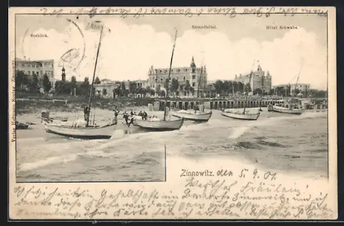 AK Zinnowitz, Strand mit Hotel Schwalbe, Strandhotel und Hotel Seeblick
