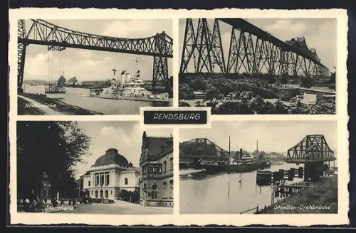 AK Rendsburg, Stadthalle, Hochbrücke, Strassen-Drehbrücke
