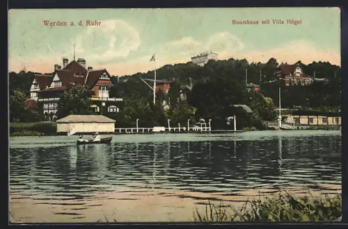 AK Werden a. d. Ruhr, Bootshaus mit Villa Hügel