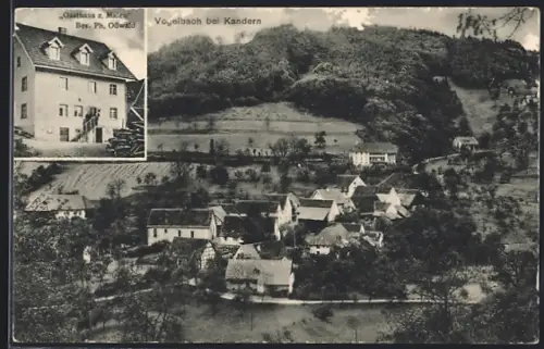 AK Vogelbach bei Kandern, Gasthof z. Maien und Ortsansicht, Bes. Ph. Osswald