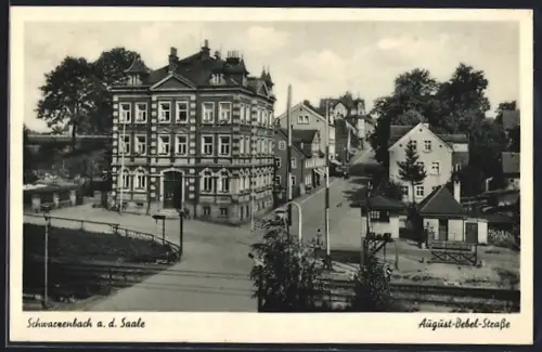 AK Schwarzenbach a. d. Saale, August-Bebel-Strasse mit Bäumen