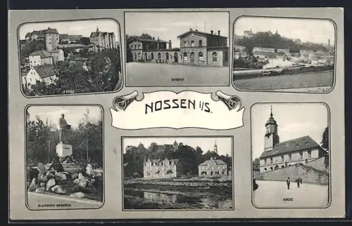 AK Nossen i. S., Ortspartie Bismarck-Denkmal, Bahnhof und Kirche