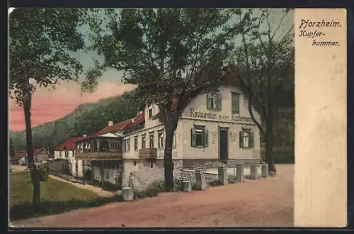 AK Pforzheim, Restaurant zum Kupferhammer bei Abendröte