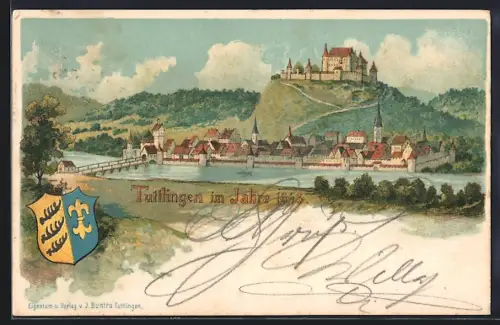 Lithographie Tuttlingen, Ortsansicht im Jahre 1643, Wappen