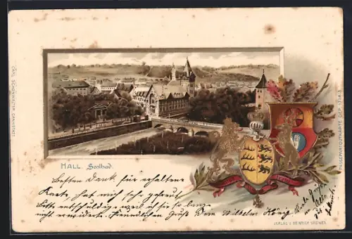 Passepartout-Lithographie Hall, Soolbad, Wappen