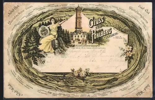 Lithographie Pöhlberg, Rundschau über den Ort mit Pöhlbergturm