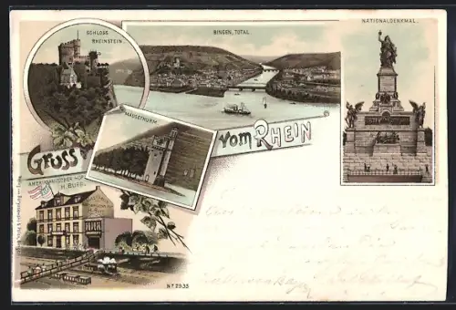 Lithographie Bingen / Rhein, Gasthaus Amerikanischer Hof, Ortansicht und Schloss Rheinstein