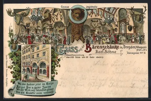 Lithographie Dresden, Gasthaus Bärenschenke, Inh. Karl Höhne, Webergasse 27. Aussenansicht, Gr. Jagdhalle