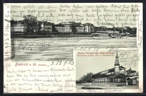 AK Biebrich a. Rh., Garten-Terrasse des Hotel Nassau, Schloss mit Dampfer