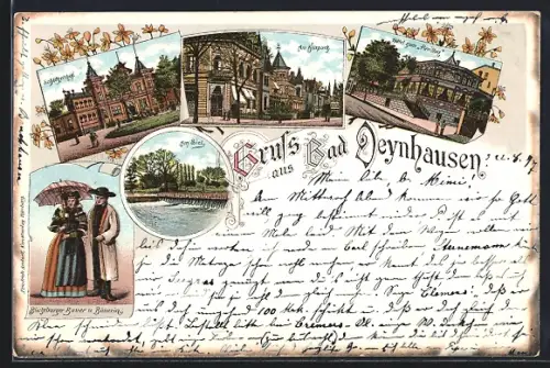 Lithographie Bad Oeynhausen, Ortspartien am Kurpark, Hotel zum Pavillon und Schützenhof