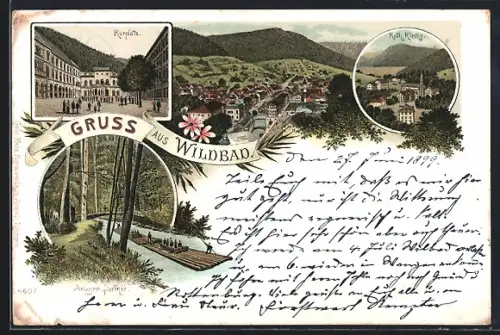 Lithographie Wildbad / Enz, Kath. Kirche, Blick auf den Kurplatz, Ortsansicht