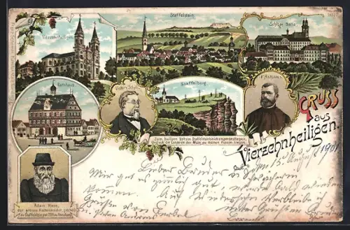 Lithographie Staffelstein / Bayern, Kirche Vierzehnheiligen, Adam Riese, Staffelberg, Ortsansicht