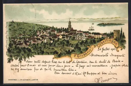 Lithographie Überlingen / Bodensee, Panorama der Umgebung