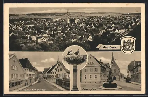 AK Saulgau, Strasse, Rathausplatz, Wappen, Storchennest, Totalansicht