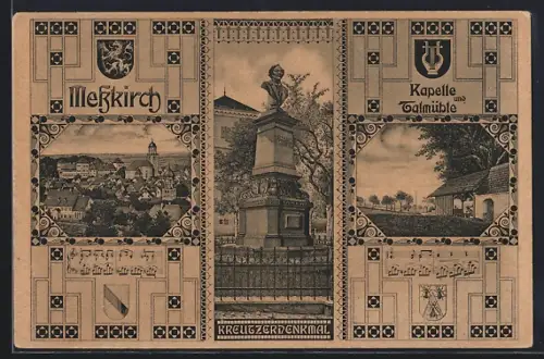 AK Messkirch, Ortsansicht, Blick auf das Kreutzerdenkmal und Kapelle u. Talmühle