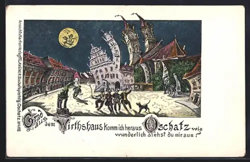 AK Oschatz, Heimweg nach einem Besuch im Wirtshaus aus der Sicht eines Betrunkenen