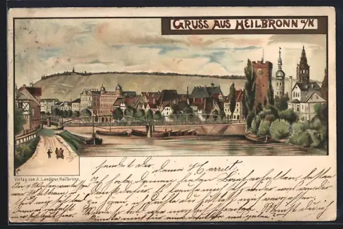 Lithographie Heilbronn / Neckar, Ortsansicht mitb Flussbrücke