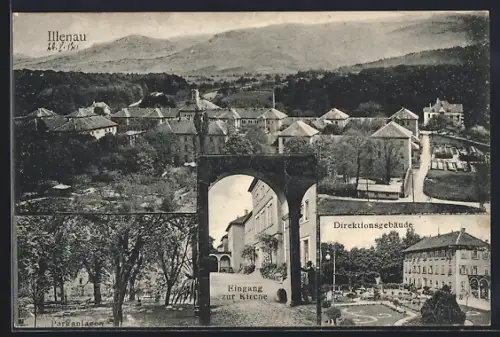 AK Illenau, Ortsansicht, Partien der Parkanlangen, Eingang zur Kirche und Direktionsgebäude