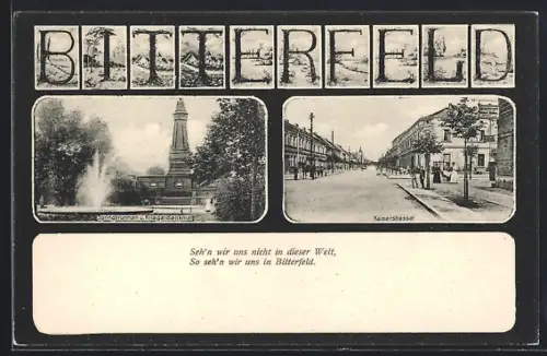AK Bitterfeld, Ortspartien mit Springbrunnen u. Kriegerdenkmal und Kaiserstrasse