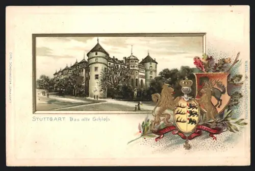 Passepartout-Lithographie Stuttgart, Das alte Schloss, Wappen mit goldenem Hirsch und Löwen