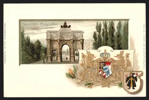 Passepartout-Lithographie München, Siegestor und Wappen