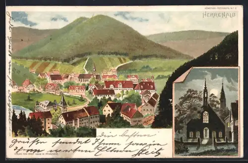 Lithographie Herrenalb, Teilansicht, Kirche