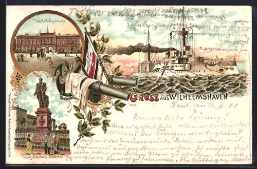 Lithographie Wilhelmshaven, Panzerschiff Brandenburg auf See, Ortspartien am Werftthorgebäude und Prinz-Adalbert-Denkmal