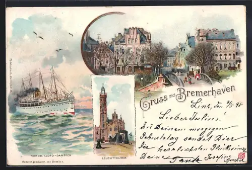 Lithographie Bremerhaven, Leuchtturm, Teilansicht mit Brücke