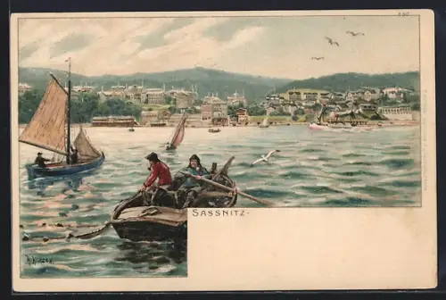 Lithographie Sassnitz, Fischer im Ruderboot holen das Netz ein, Blick zum Ort