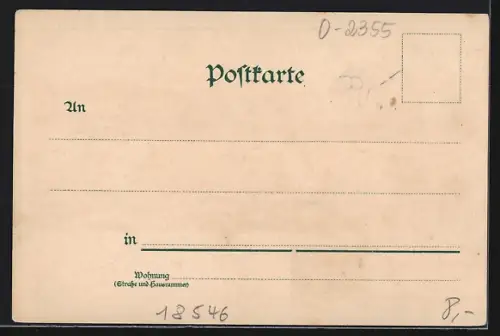 Lithographie Sassnitz, Fischer im Ruderboot holen das Netz ein, Blick zum Ort