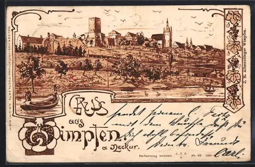 Lithographie Wimpfen a. Neckar, Blick auf die Ortschaft