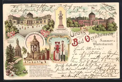 Lithographie Bad Oeynhausen, Thermalbad, Soolbad, Hermanns-Denkmal, Kaiserdenkmal, Leute in Tracht