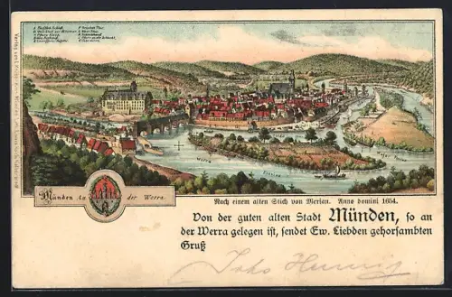 Lithographie Münden a/Werra, Stich von Merian