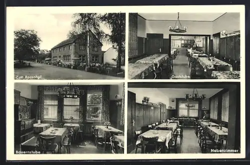 AK Neureut-Karlsruhe, Gaststätte Zum Rosenhof, Innenansichten Bauernstube, Nebenzimmer u. Gaststube