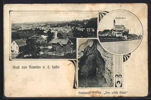 AK Steeden a. d. Lahn, Blick auf die Dietkirchen, Höhlen Das wilde Haus und Ortansicht