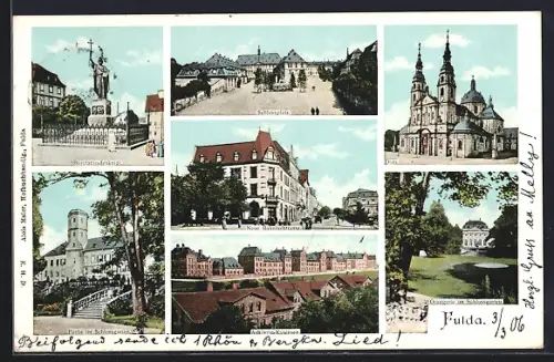 AK Fulda, Bonifatiusdenkmal, Schlossplatz, Neue Bahnhofstrasse, um 1900