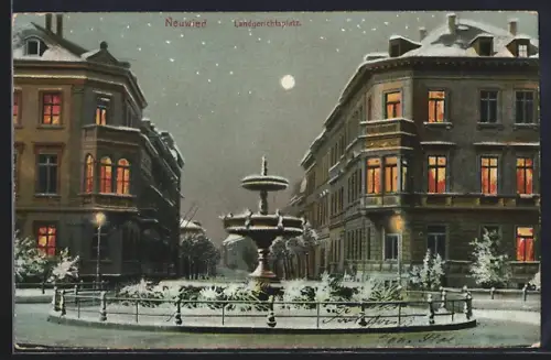 AK Neuwied, Brunnen am verschneiten Landgerichtsplatz