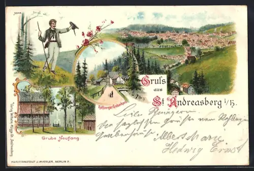 Lithographie St. Andreasberg im Harz, Ortsansicht Rehberger Grabenhaus, Grube Neufang