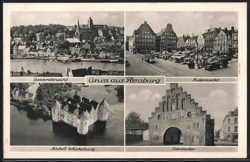 AK Flensburg, Schloss Glücksburg, Nordertor, Südermarkt und Gesamtansicht