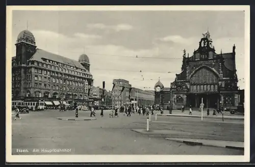 AK Essen, Blick zum Hauptbahnhof, Strassenbahn