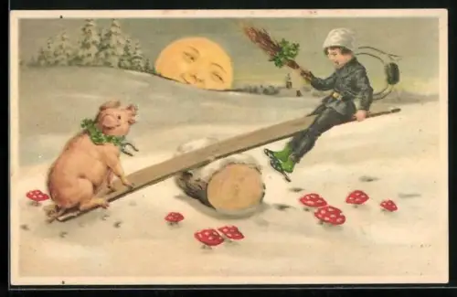 AK Glück im neuen Jahr, Schornsteinfeger und Schwein auf Wippe