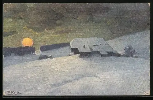 Künstler-AK Fritz Reiss: Haus im Schnee im Sonnenuntergang