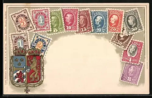 AK Schweden /Sverige, Wappen und Briefmarken