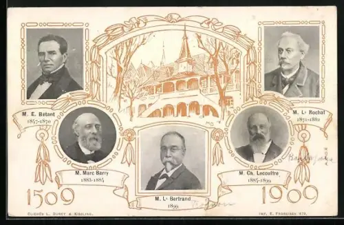 AK Portrait M. L. Bertrand, M. Marc Barry, M. Ch. Lecoultre, M. L. Rochat, M. E. Betant, Jubiläum 1509 - 1909