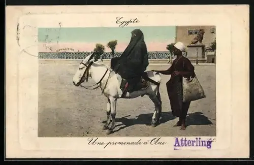 AK Egypte / Ägypten, Une promenade à Ane, Reiterin auf Esel